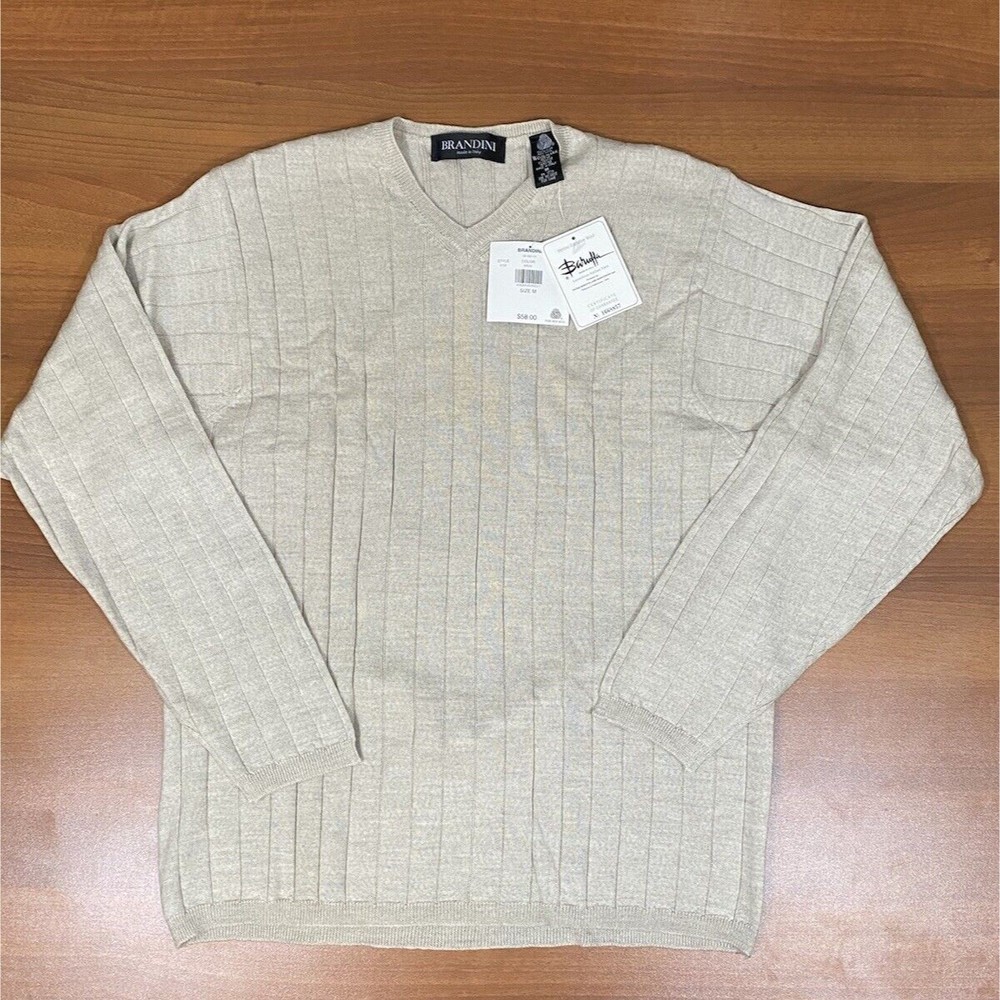 Brandini Sweater Mens M V Neck Extra Fine Merino Wool Long Sleeve Beige NWT